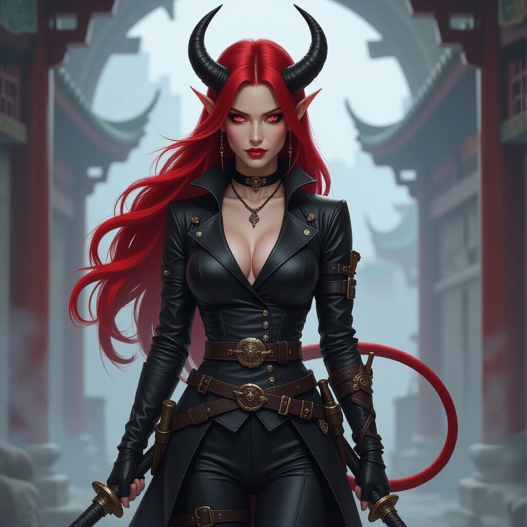 Red Tiefling Alchemist in Arcane Ruins, Dark Fantasy Art