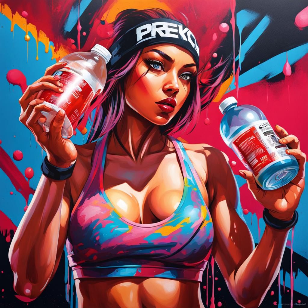 Glamorous Anime Girl Weightlifting with Water Bottle