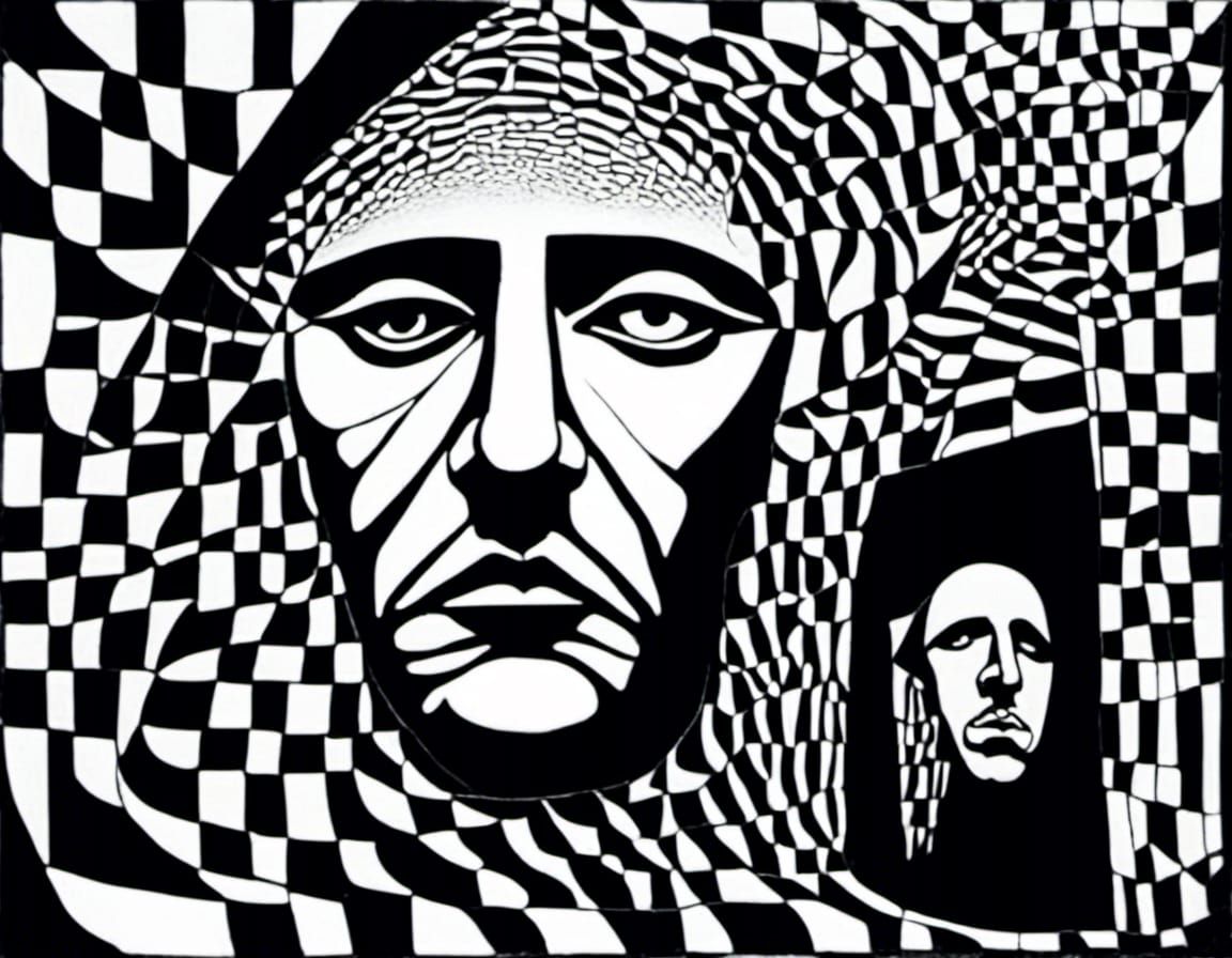 Escher-esque Geometric Face and Staircase Illustration