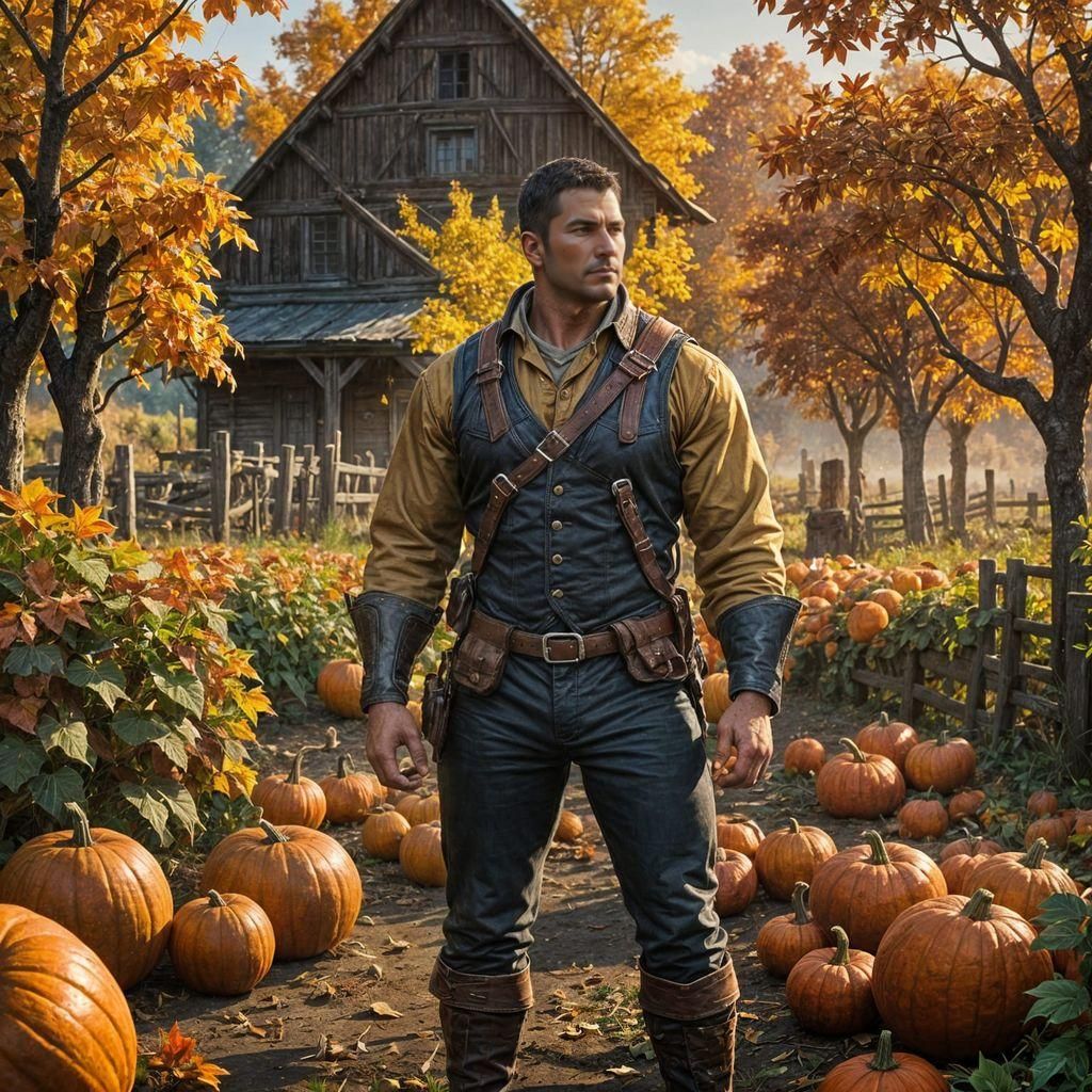 Epic Gourd Farmer in Autumn Landscape