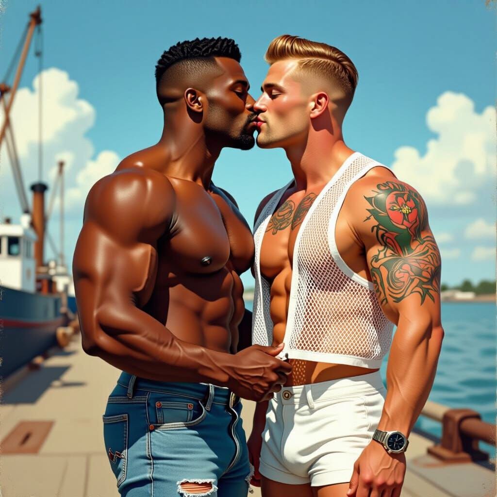 Dock Worker Kissing Sailor in 1940s Pin-Up Style