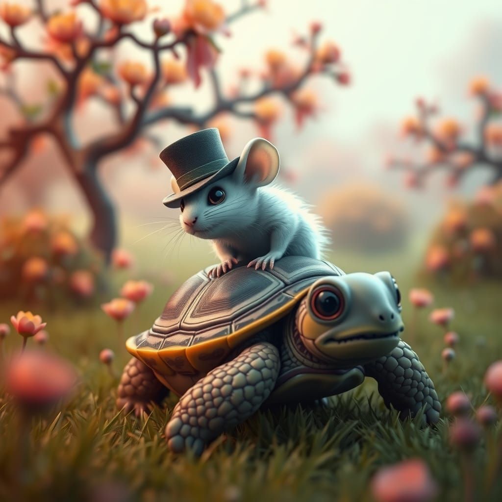 turtle with mouse riding on the back