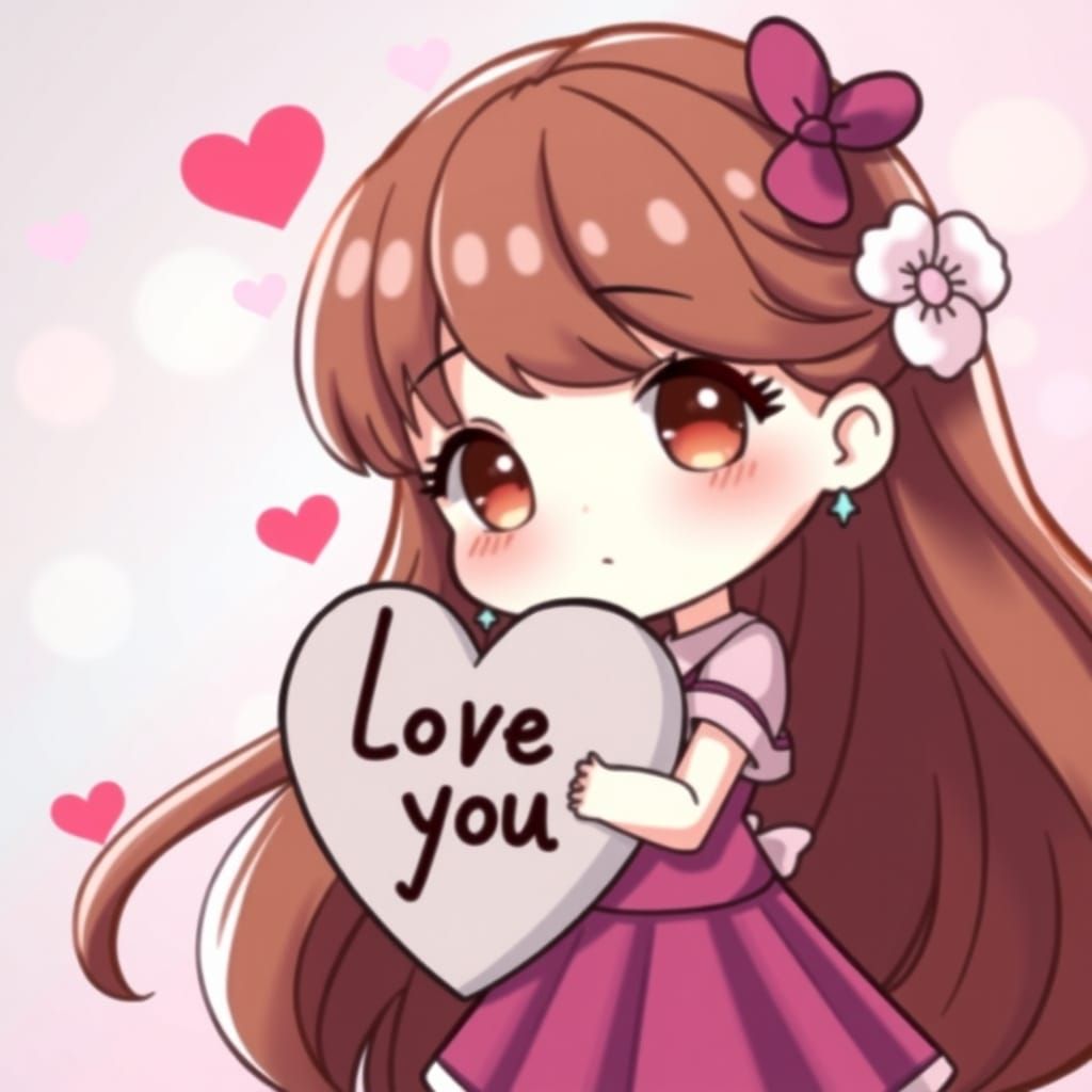 Chibi Girl Holding Heart with Pastel Colors