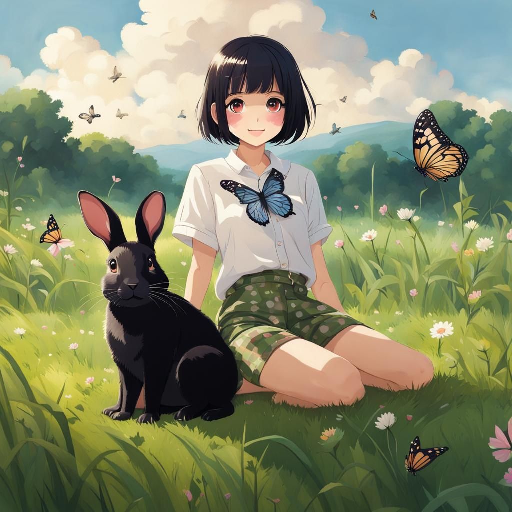 Girl with Rabbit Shirt in Grassy Field