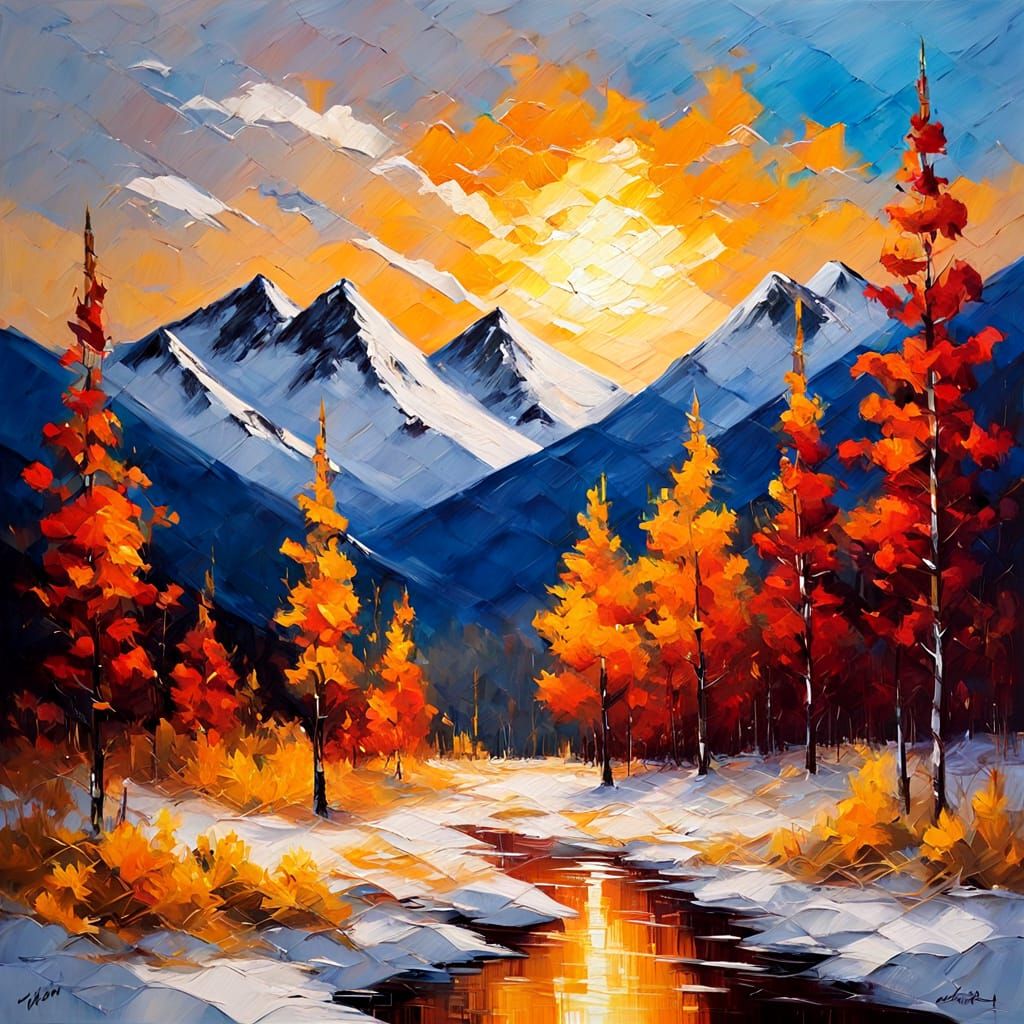 Impasto Oil Painting of Crimson Trees in Winter Landscape