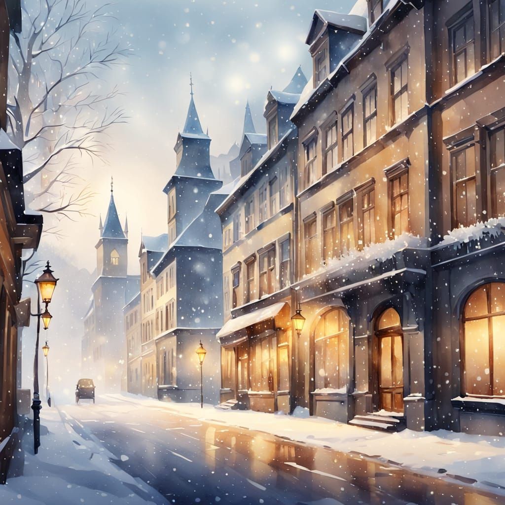 Winter Cityscape with Historic Buildings in Watercolor