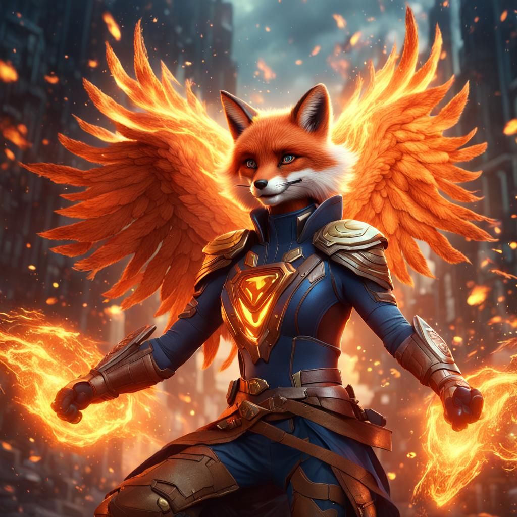 Fiery Fox Superheroine Angel in Detailed Digital Art