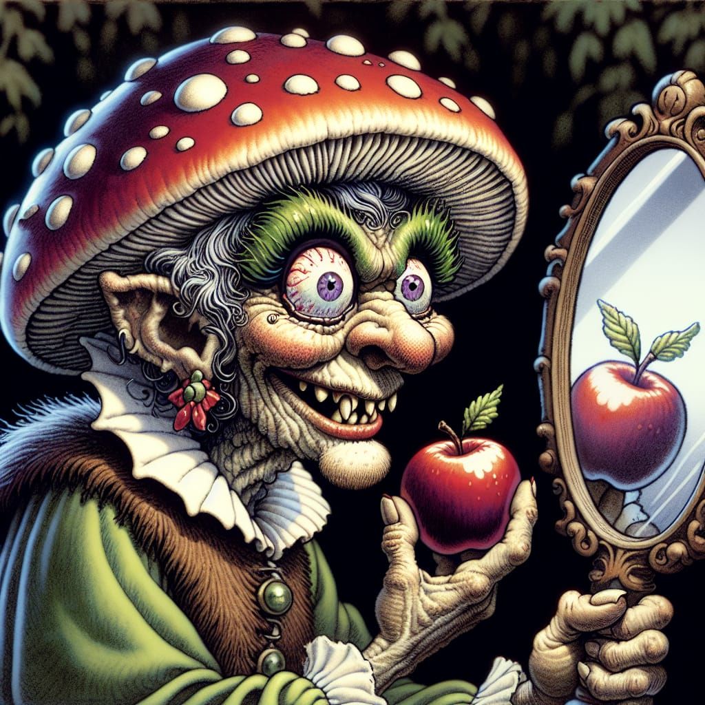 Funny Mushroom Witch with Apple in Fairy Tale Style