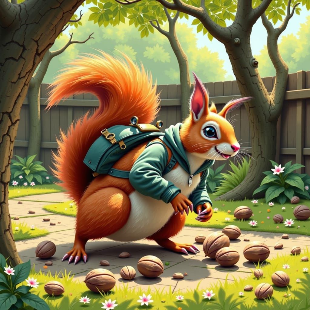 Whimsical Squirrel Foraging in a Sunny Backyard