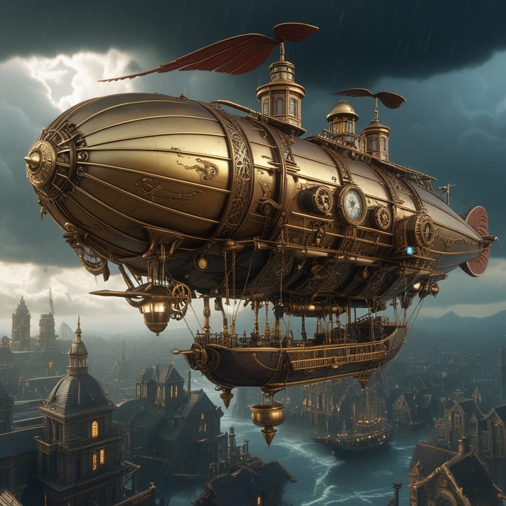 Steampunk Airship Over Ruined City in Stormy Sky