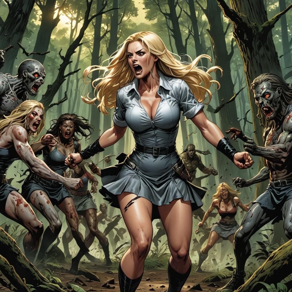 Blonde Woman's Spinning Kick Against Forest Zombies
