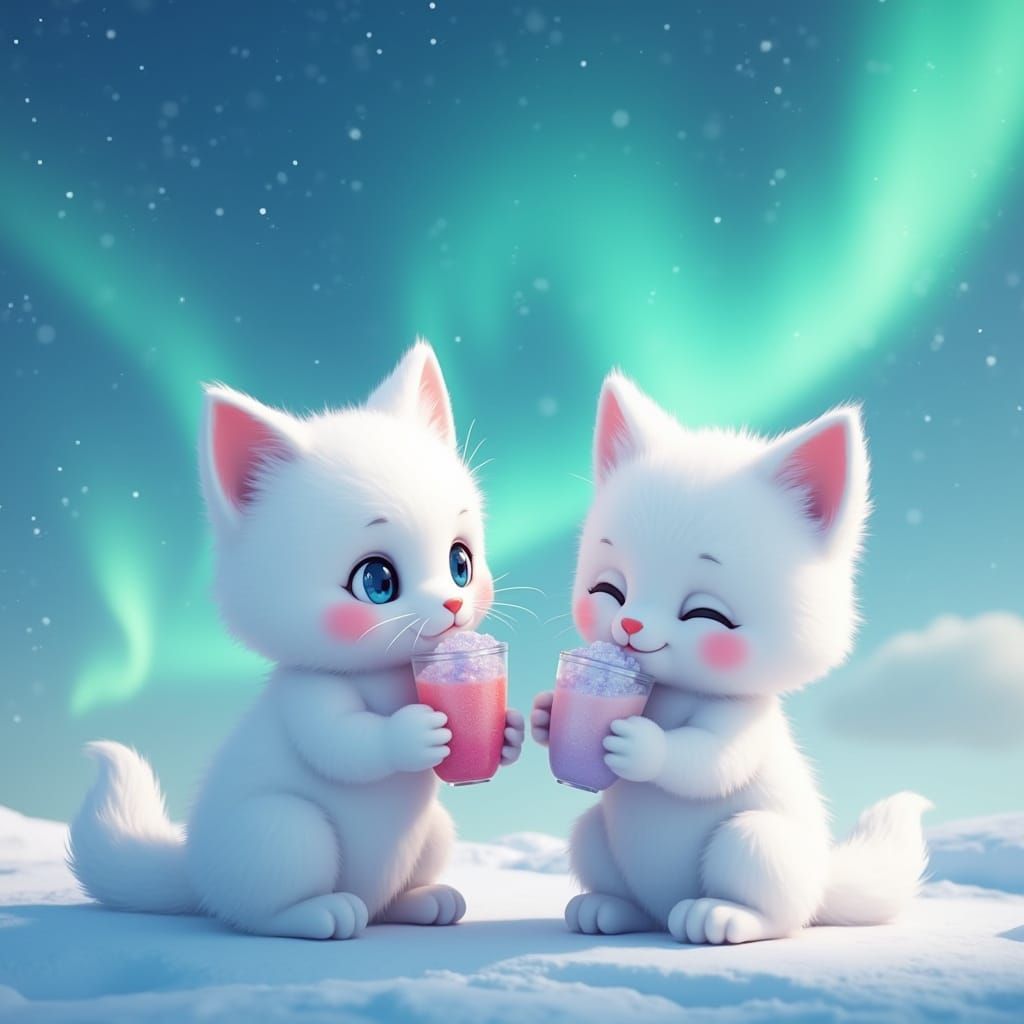 Kitten and Arctic Fox Drink Bubble Tea Under Aurora Borealis