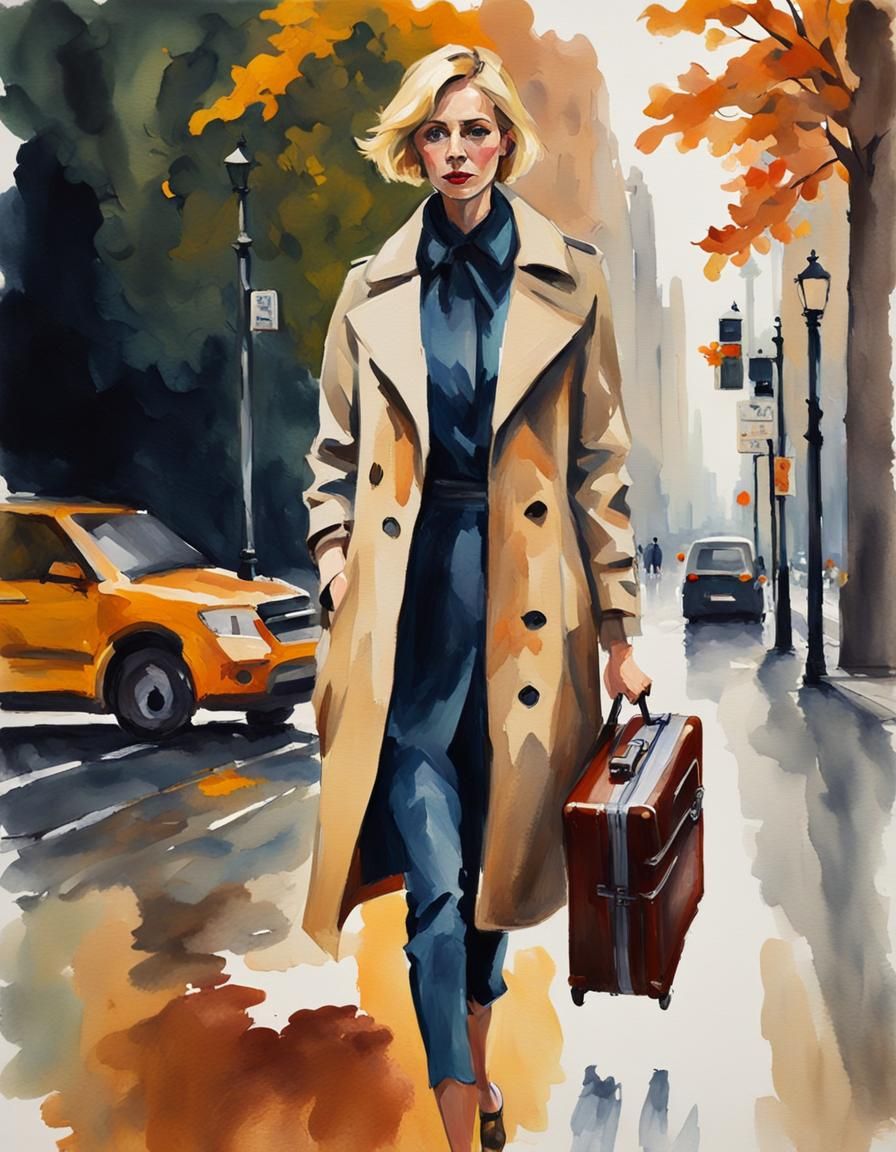 Melancholic Blonde in Gouache-Style Autumn Scene