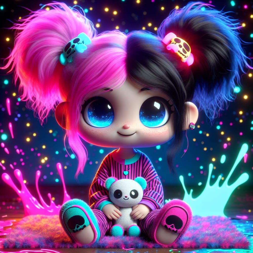 Vibrant Cyberpunk Chibi Girl in a Glowing Neon Splash