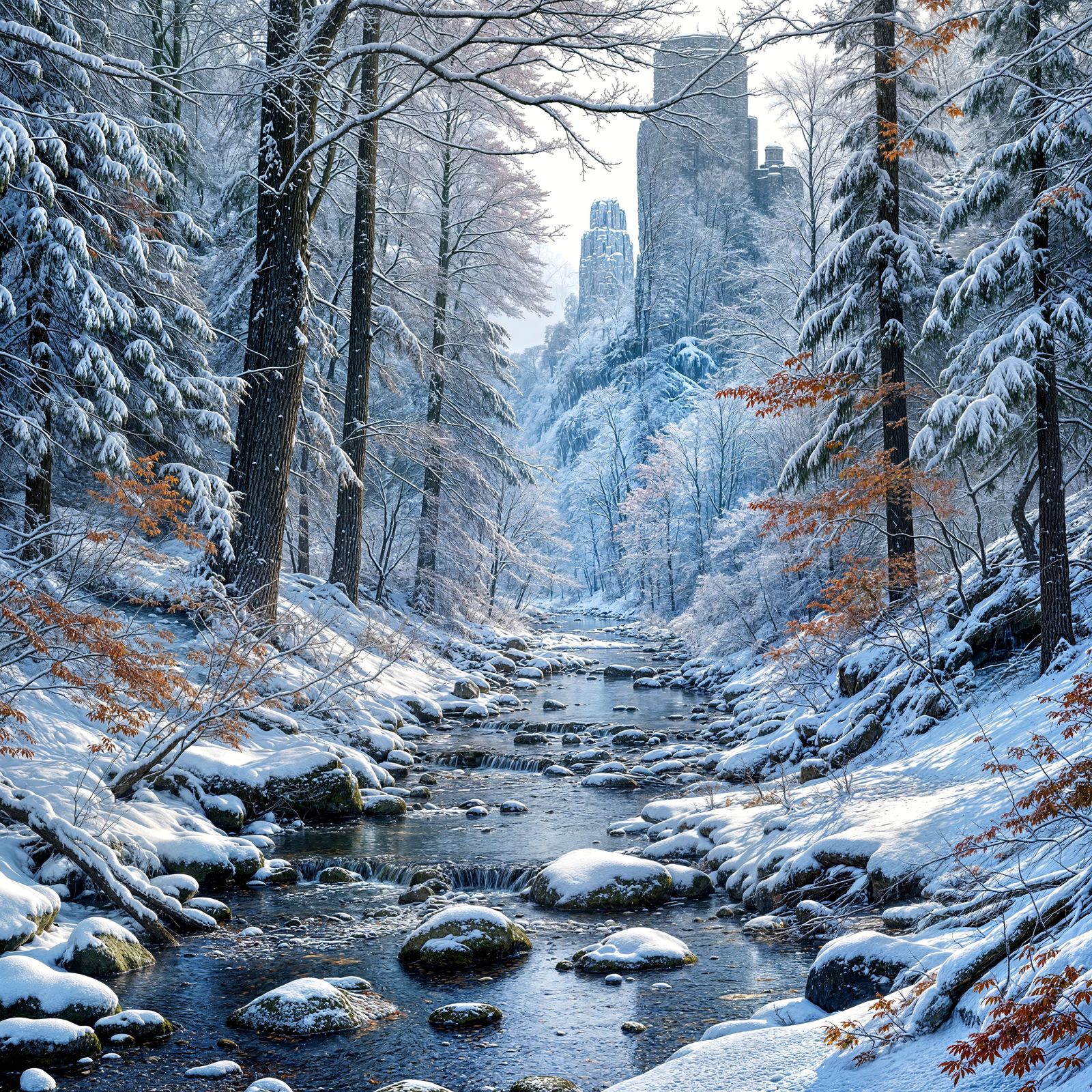 Snowy Forest Brook in Winter Wonderland