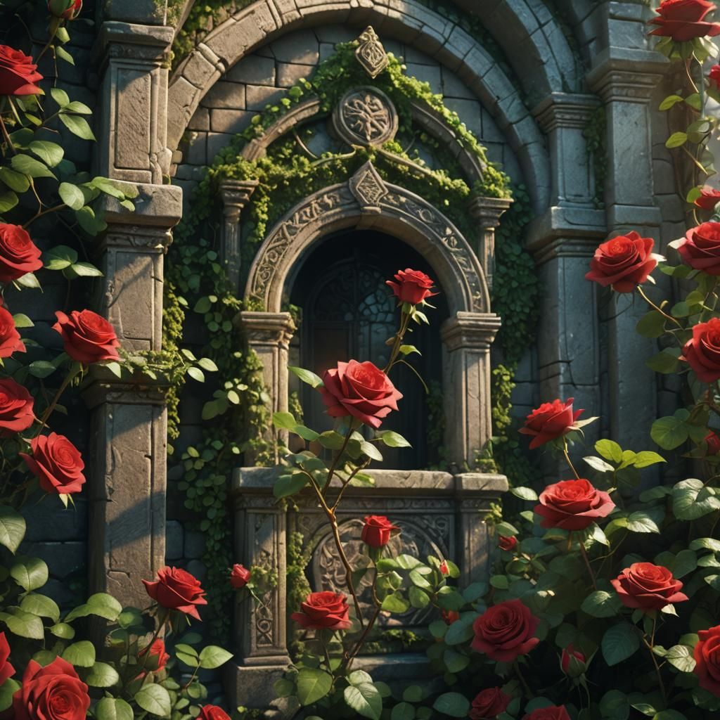 Mystical Roses Entwined on Ancient Stone Architecture