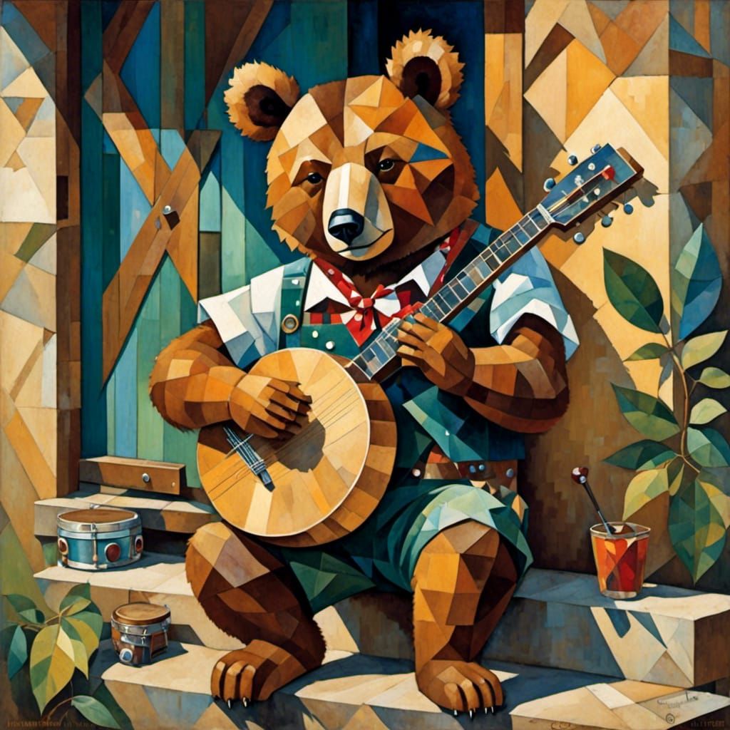 Cubist Bear Plays Banjo on Whimsical Porch