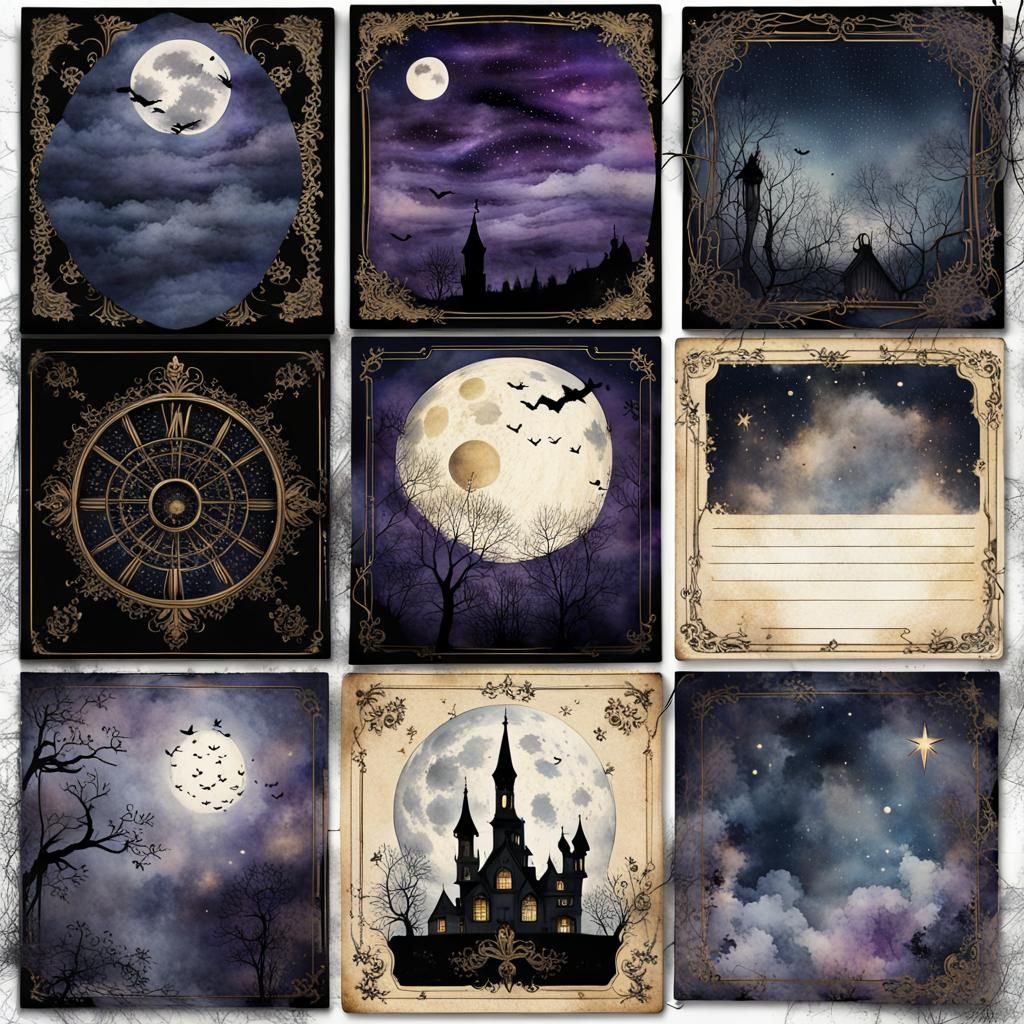 Gothic Night Sky Vintage Journal Cards in Watercolor