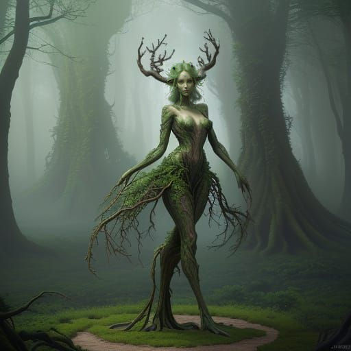 Ethereal Dryad Emerges from Fantasy Forest