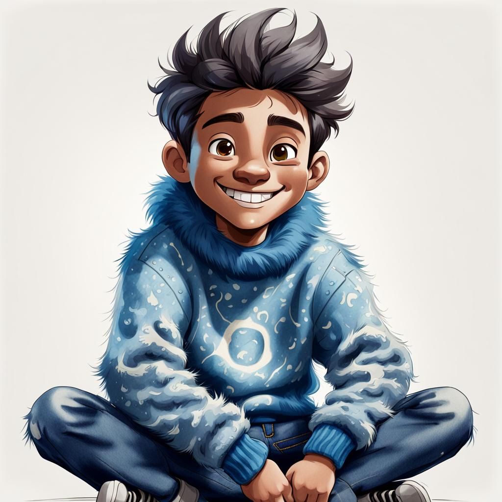 Cartoon Boy in Blue Fur Sweater Illustration