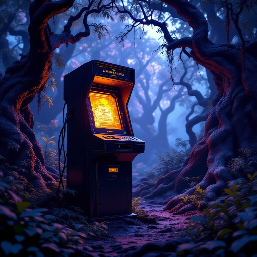 Mystical Computer in Ancient Forest with Cinematic Lighting