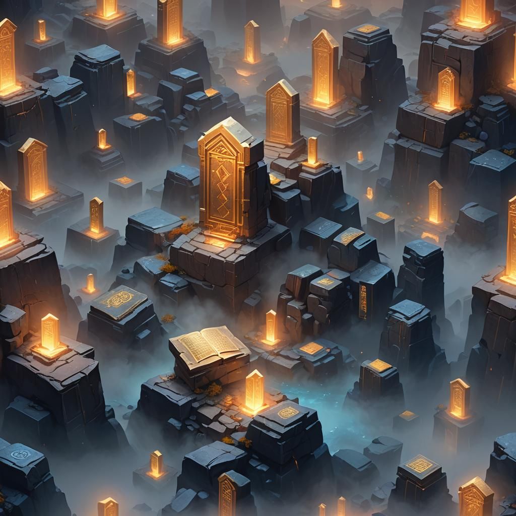 Ethereal Stone Commandments in Misty Void: Fantasy Art