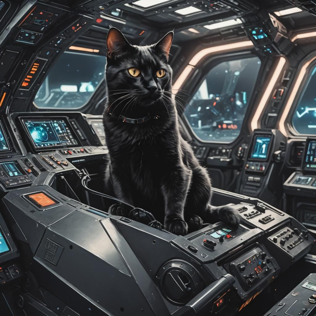 Black Cat Piloting a Spaceship
