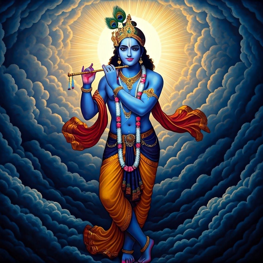 Art Nouveau Krishna: Midnight Blue God in Luminous Clouds