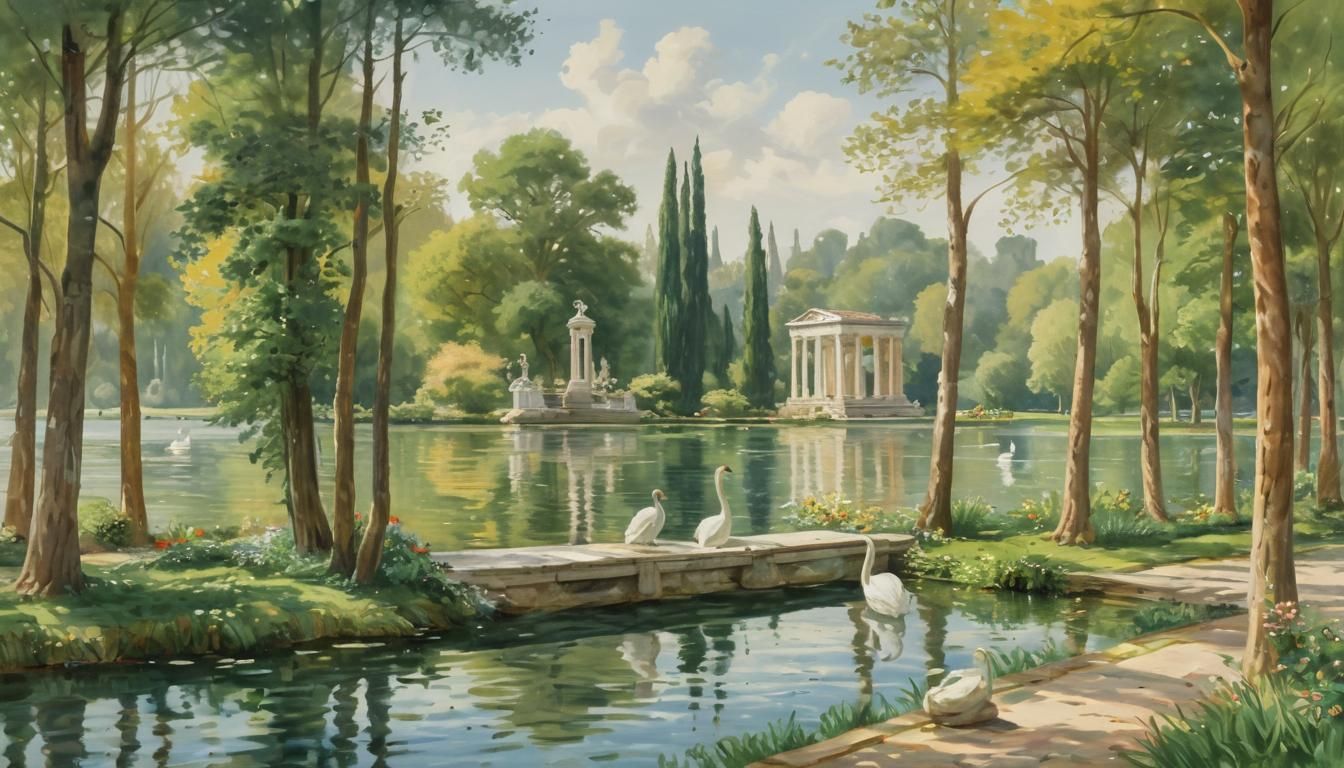 Swan and Roman Temple Watercolor Painting