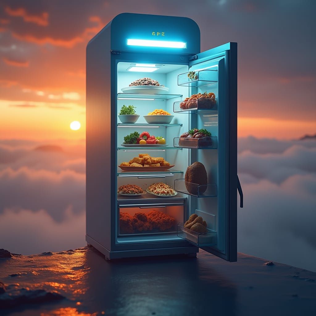 Futuristic Flying Fridge Radiating an Aura of Infinite Food