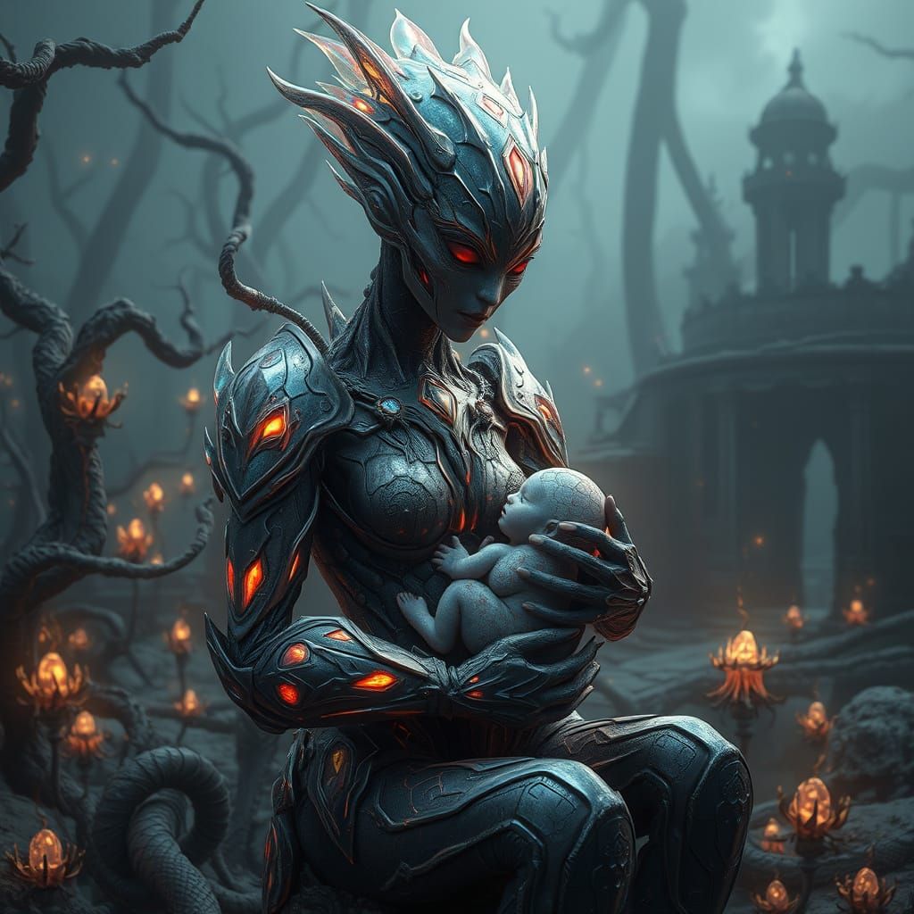 Extraterrestrial Mother and Newborn in Eerie, Glowing Landsc...