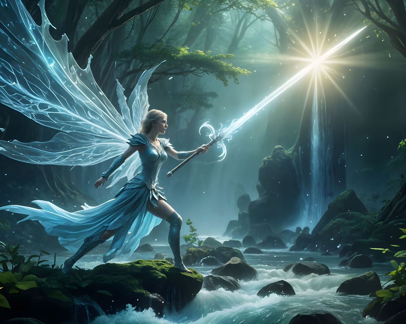 Whimsical Water Sword in Ethereal Forest