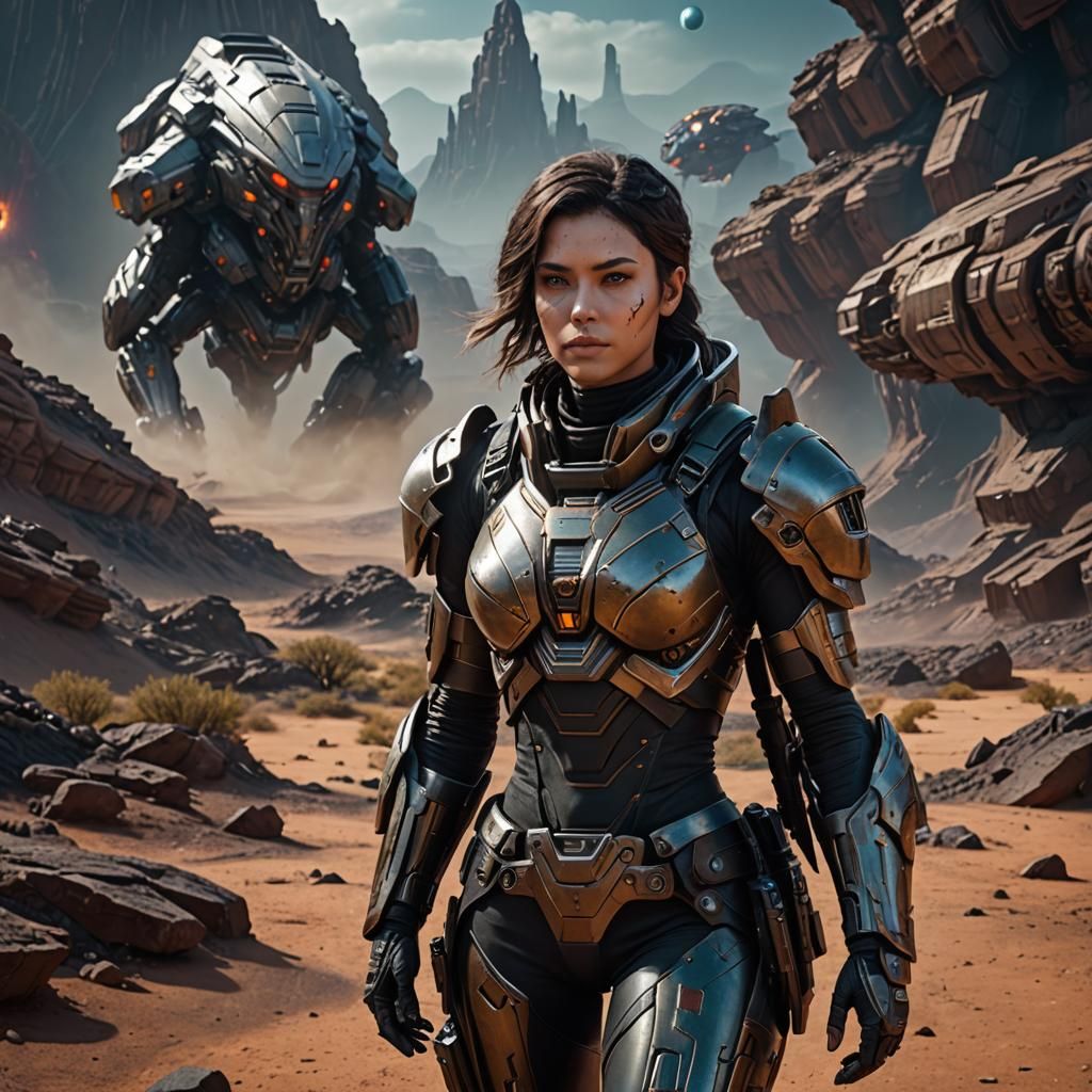 Armored Girl on Alien Planet in Sci-Fi Art
