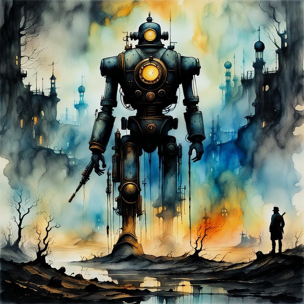 Mysterious Steampunk Figure in a Haunting Ink Painting