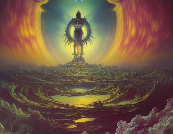 Mystical Alien in Fantasy Landscape as Oil Painting