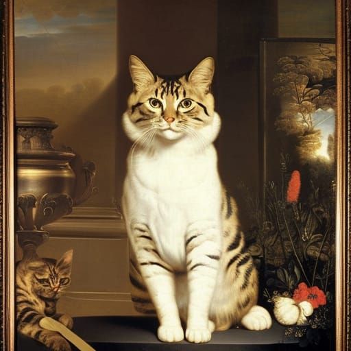 Victorian Cat Portrait in Baroque Still Life