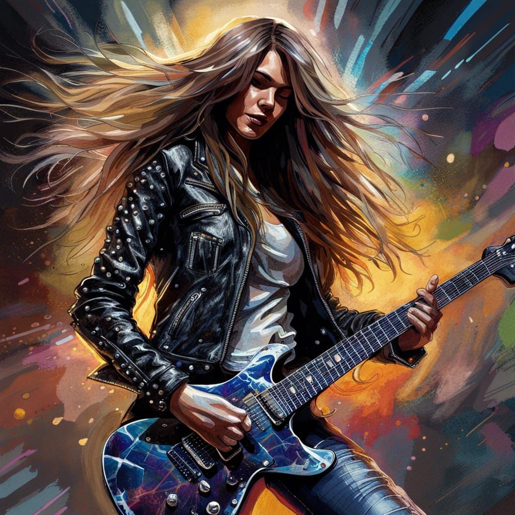 Rock Guitarist with Electric Guitar in Ink Splash Art