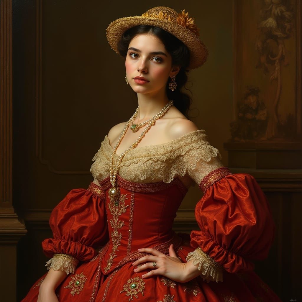 Elegant Spanish Lady in Crimson Velvet Gown