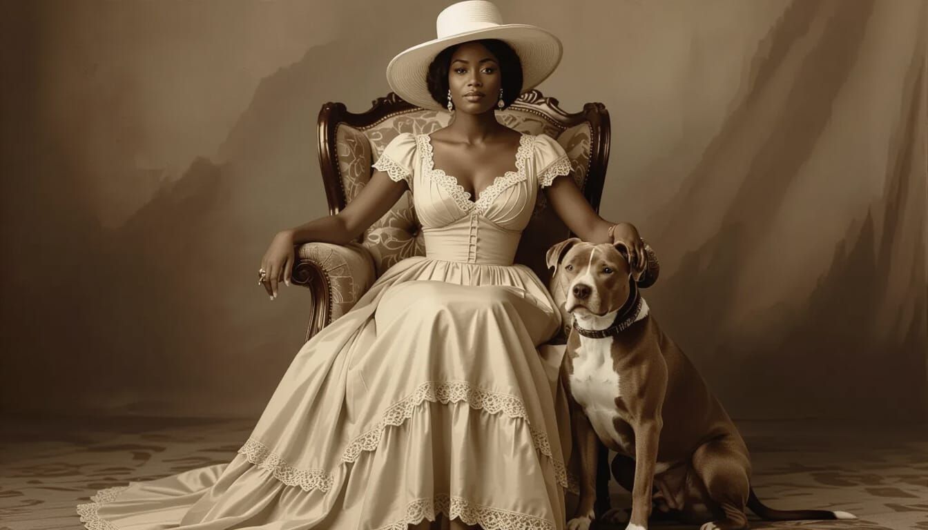 Elegant Woman With Dog in Vintage Photo Style
