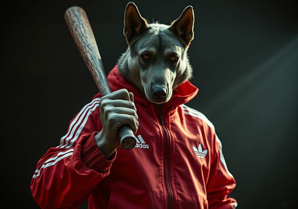 Canine Saint in Sport Suit with Baseball Bat