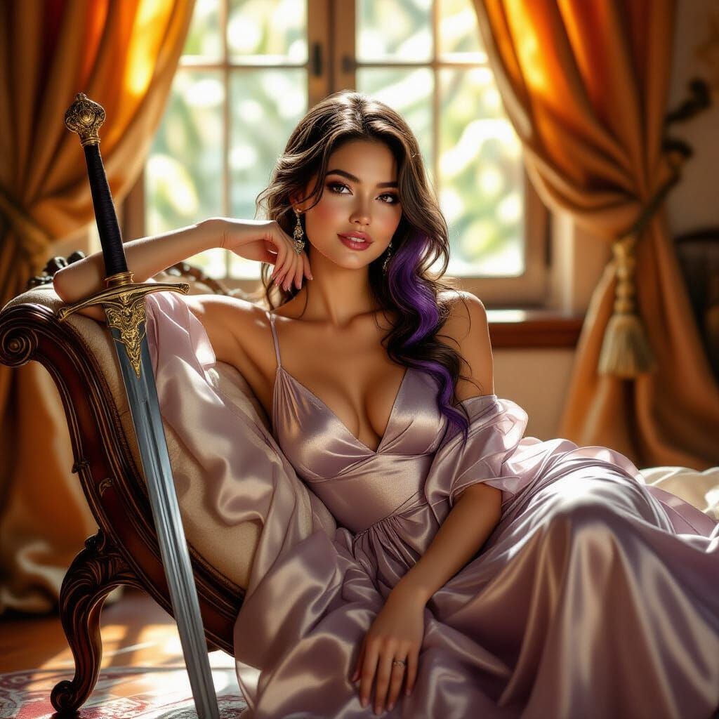 Elegant Portrait of Woman with Sword in Rutkowski Style