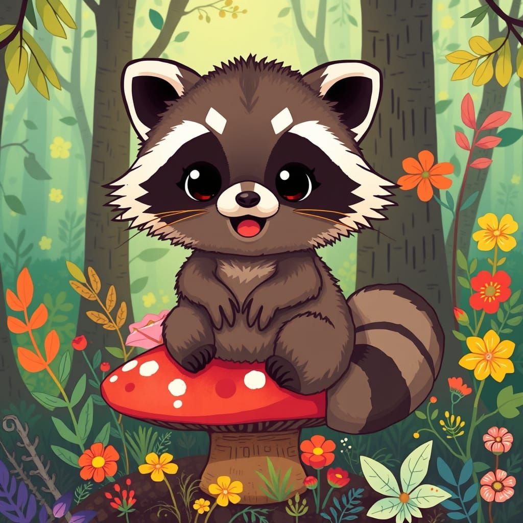 Adorable Labubu in Vibrant Forest, Murakami Style