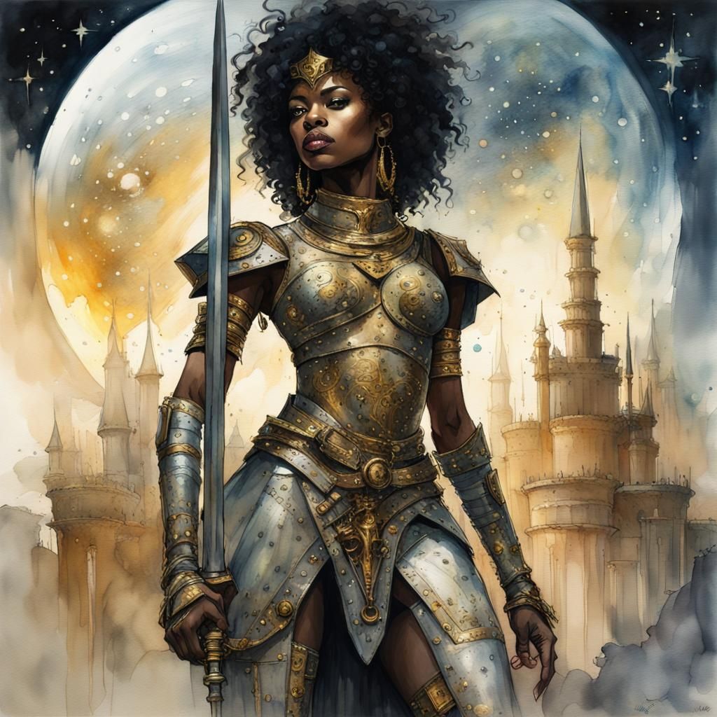 Celestial African Knight in Watercolor and Ink