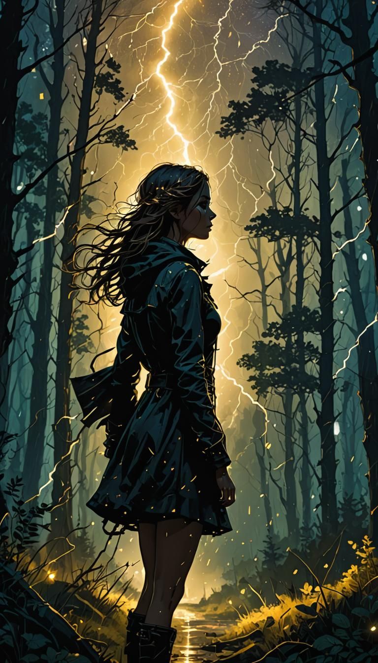 Girl in Forest Silhouette During Thunderstorm