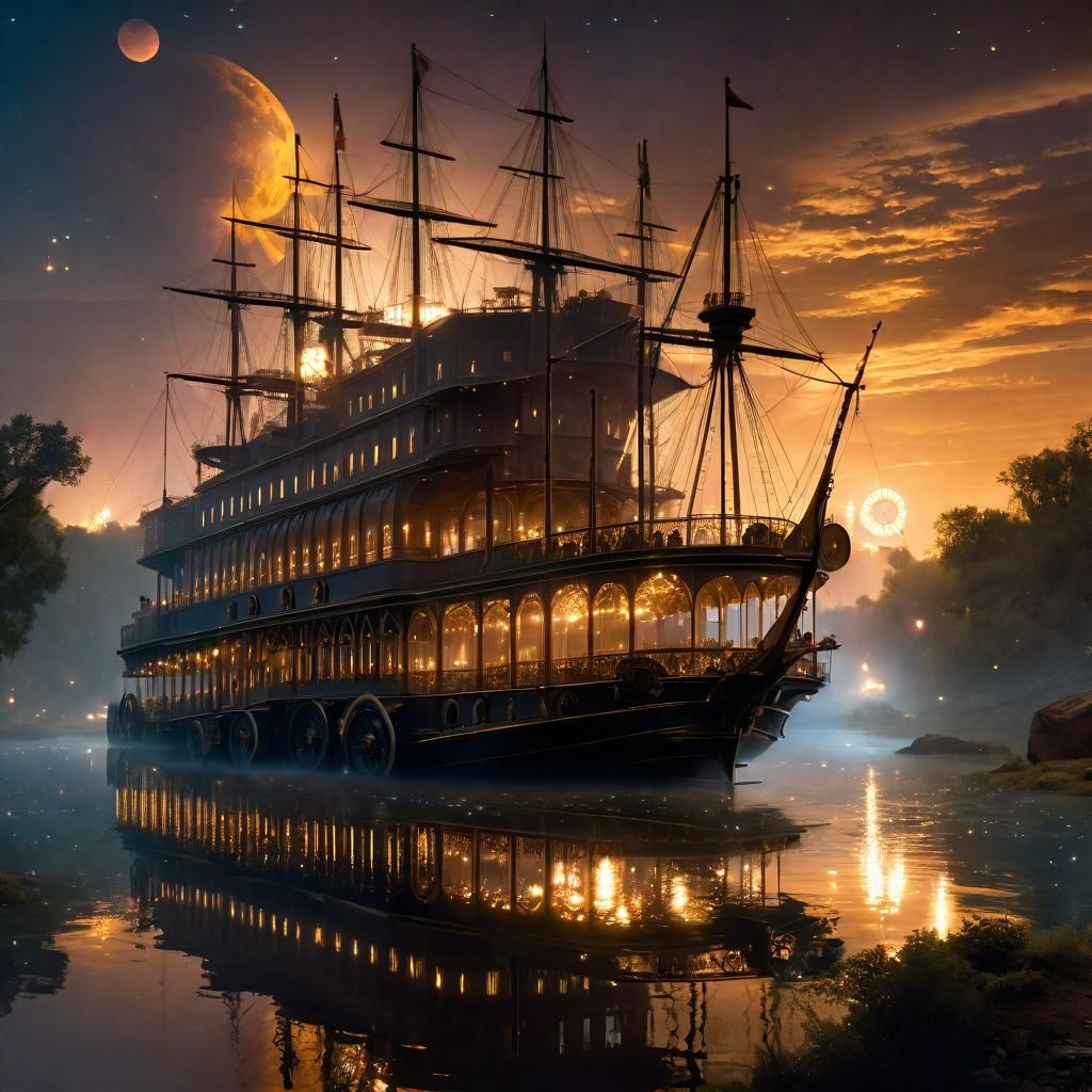 Steampunk River Boat at Sunset Under Starry Sky