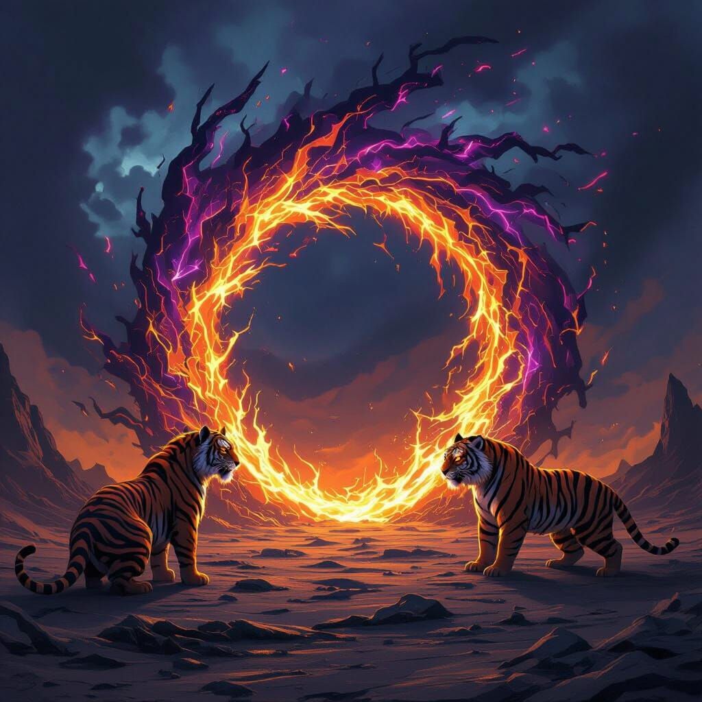 Amethyst Fire Portal with Three Flame Tigers