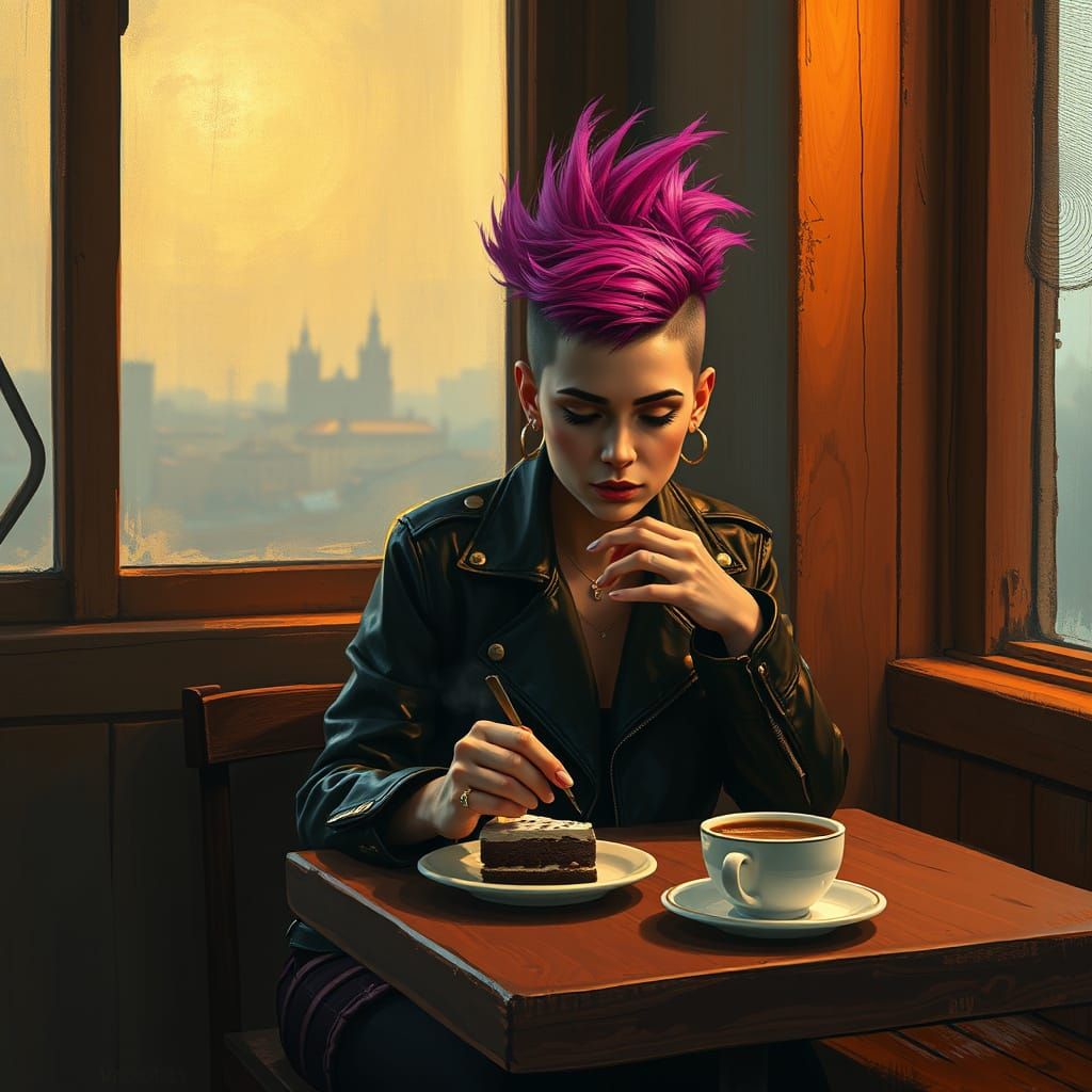 Punk Metal Muse in Whimsical Café Setting, Inspired by Van G...