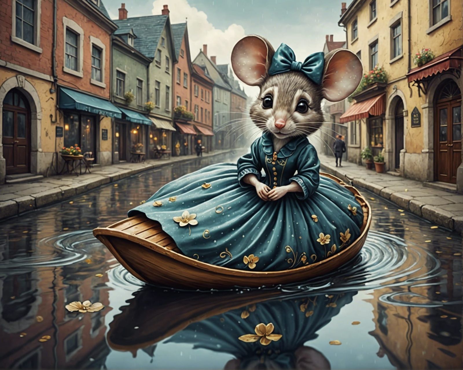 Mouse on Slipper Boat: Surreal Storybook Illustration