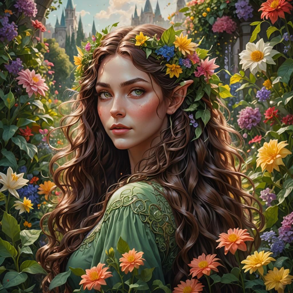 Elven Woman in Flower Garden Digital Art