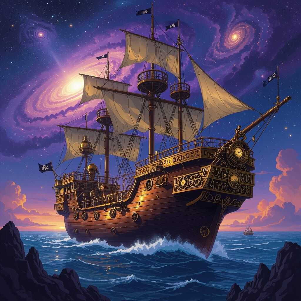 Steampunk Pirate Ship Sailing Through the Cosmos